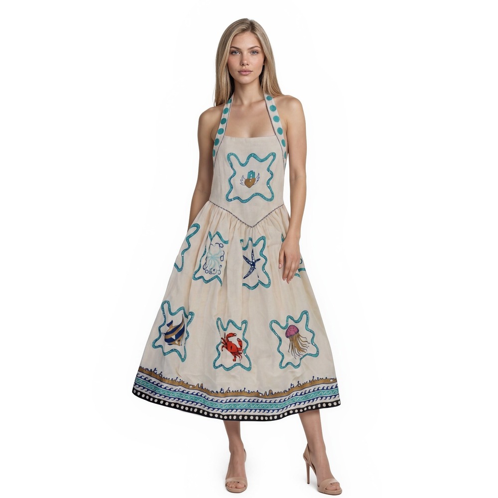 NWT MO MAYA Namaste Dress Womens Size XS White Linen Nautical Sea Life MSRP $345